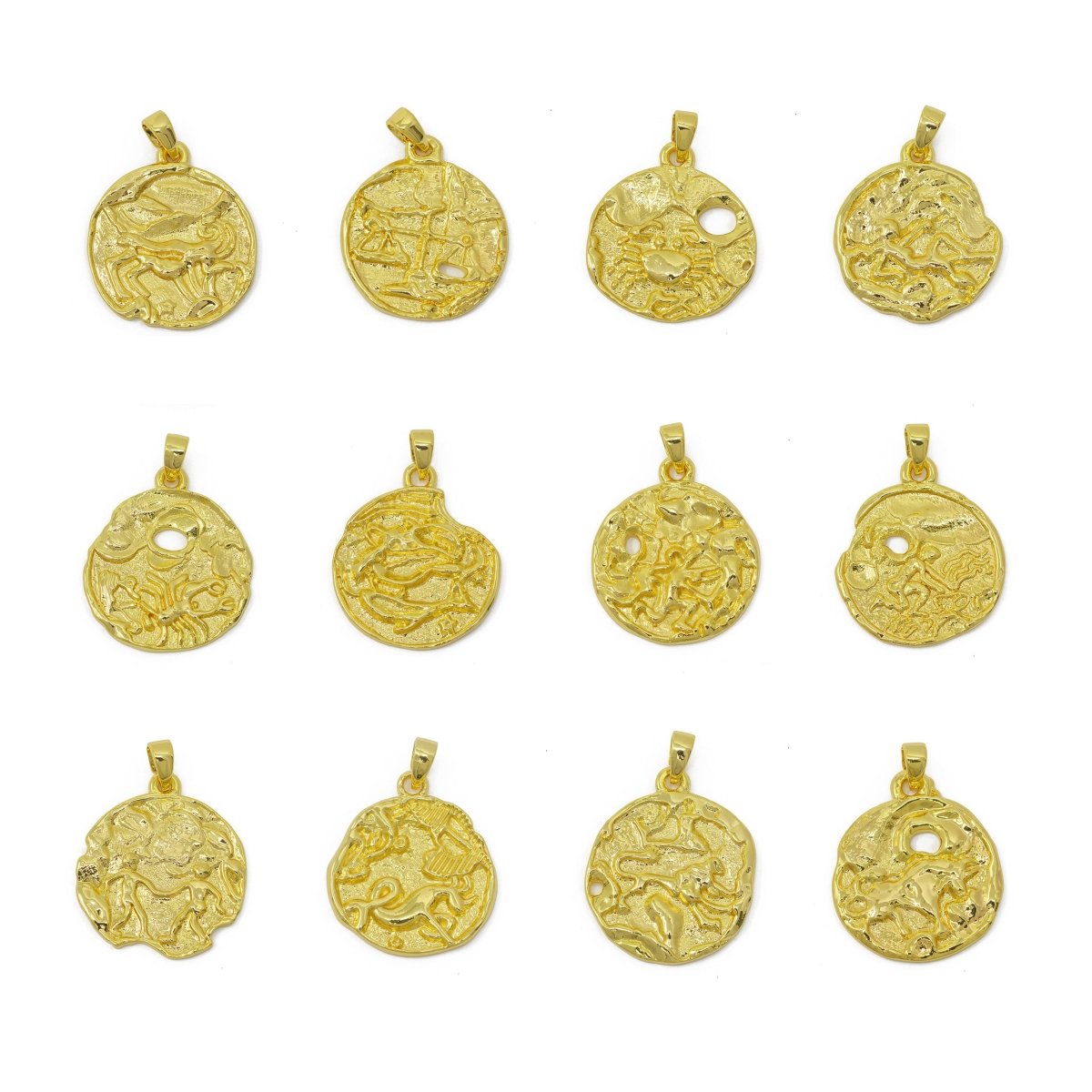 24K Gold Filled Zodiac Horoscope Sign Constellation Medallion Pendant Charm Rustic Rough Hammered Coin, A-638-A-650 - DLUXCA