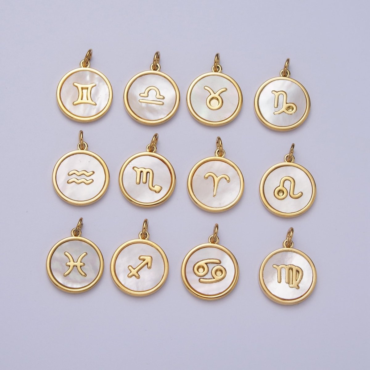 24K Gold Filled Zodiac Signs Shell Pearl Round Coin Charm Astrology Jewelry Making | M-146-M-156 M-776 - DLUXCA