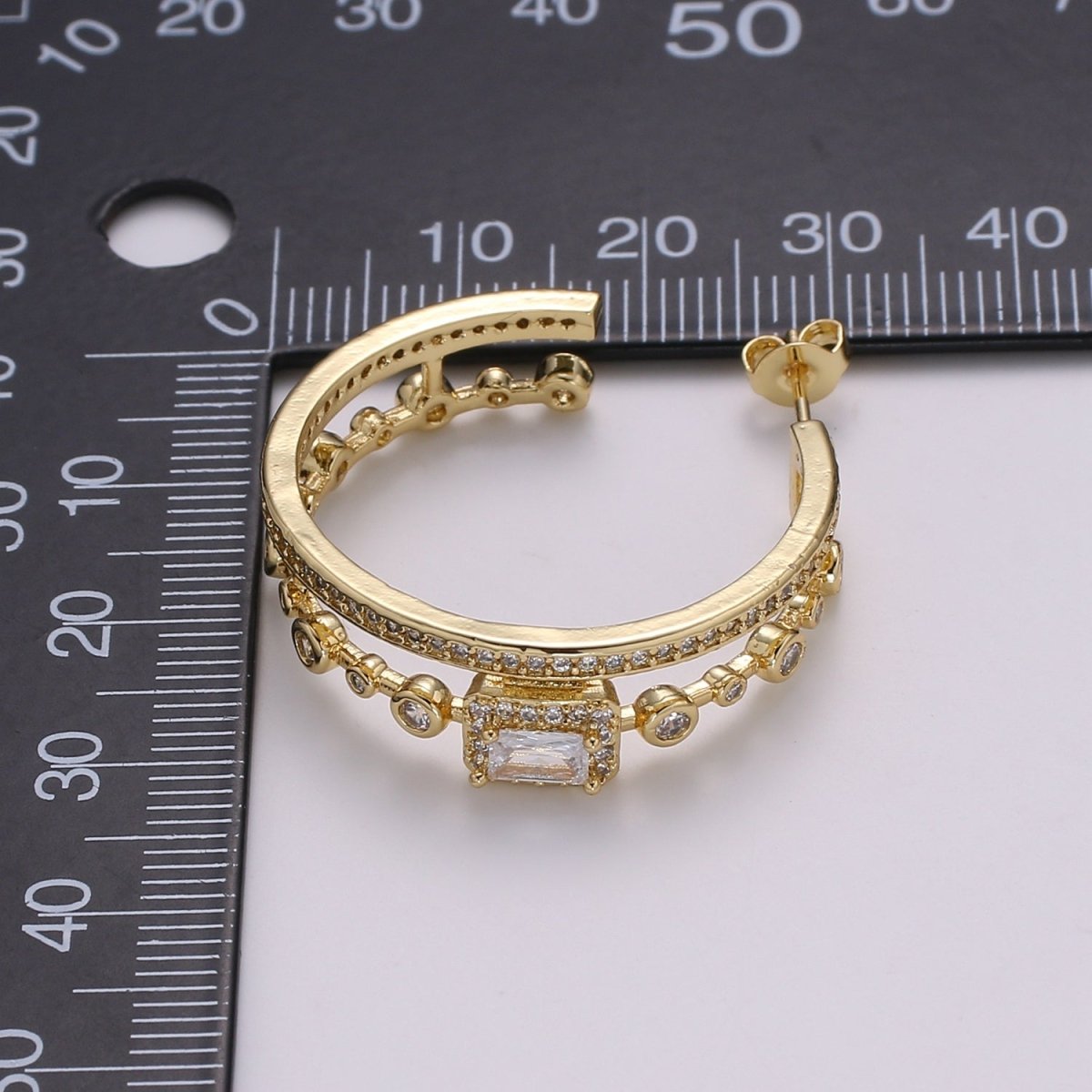 24K Gold Hoop Earring - Mismatched Hoop Earring - Geometric Cz hoop earring for women - Large Hoop 30MM Earring gift idea P-057 - DLUXCA