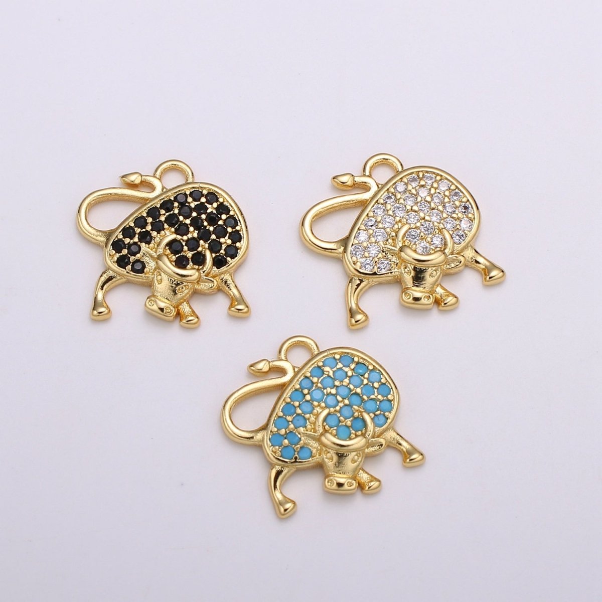 24k Gold Micro Pave Black, Clear, Teal Ox Charm, Cubic Zirconia Bull Pendant Charm,Gold Cow CharmFor DIY Jewelry E-154 E-155 E-156 - DLUXCA