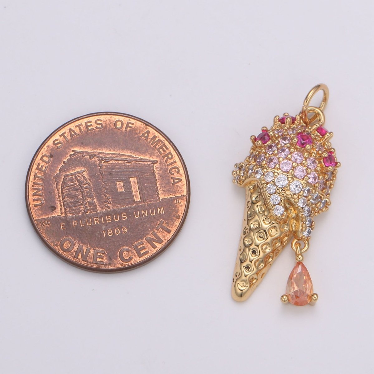 24K Gold Micro Pave CZ Ice Cream Pendant Charm, Dangling Pear cut CZ Pendant Charm, Cubic Cone Charm, For DIY Jewelry Making,E-203 - DLUXCA