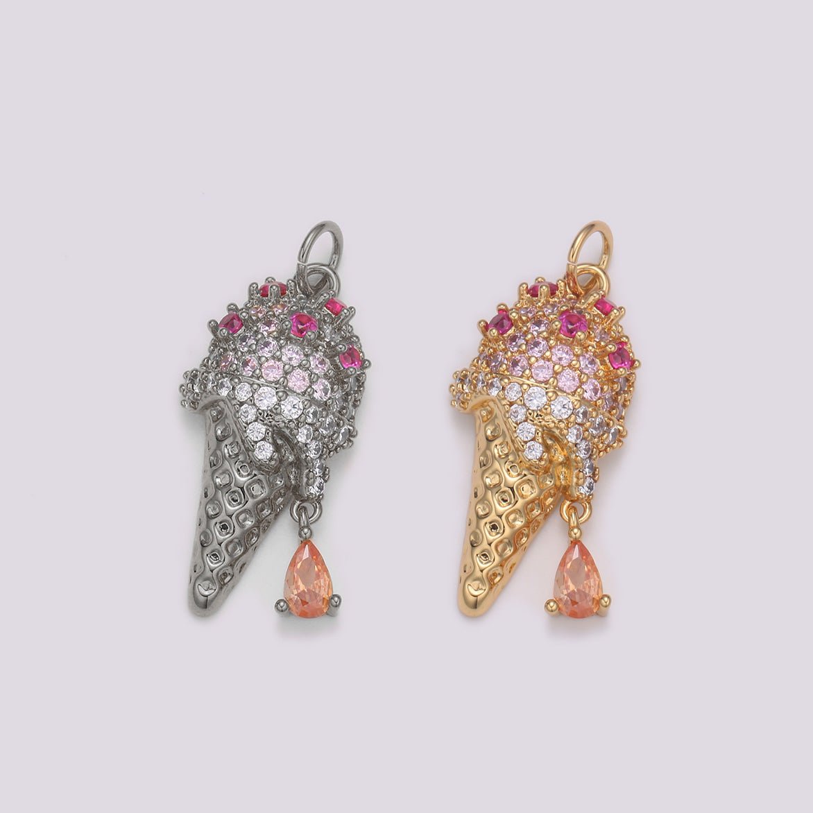 24K Gold Micro Pave CZ Ice Cream Pendant Charm, Dangling Pear cut CZ Pendant Charm, Cubic Cone Charm, For DIY Jewelry Making,E-203 - DLUXCA