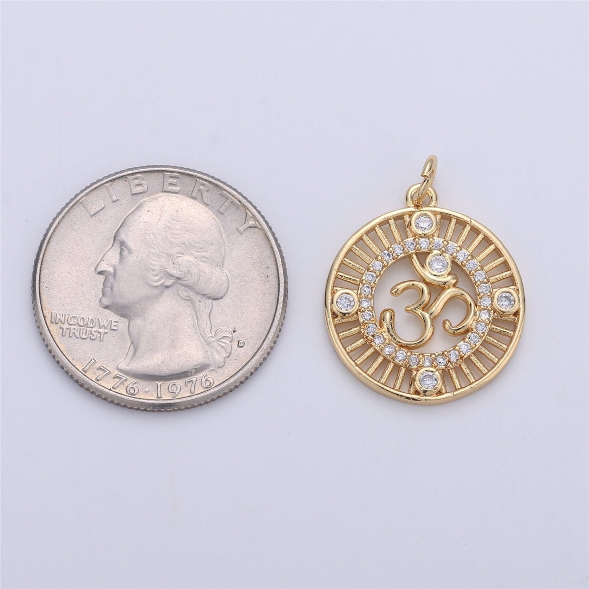 24K Gold Ohm Sign Charm, Peace Namaste Buddhism Prayer Micro Pave Cubic Zirconia CZ Stone for Necklace or Bracelet C-895 - DLUXCA