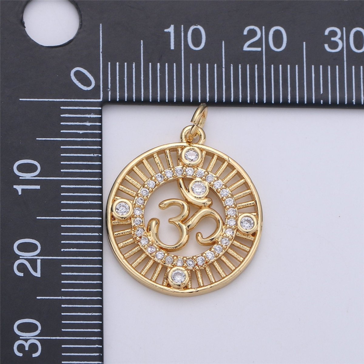 24K Gold Ohm Sign Charm, Peace Namaste Buddhism Prayer Micro Pave Cubic Zirconia CZ Stone for Necklace or Bracelet C-895 - DLUXCA