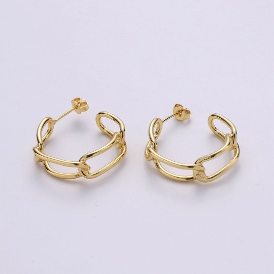 24k Gold Plated Earrings, Hoop Earrings, Long Chain Link Earring, Stud Earring, Gift for Her, Earrings for Women, Everyday Wear Earring Q-528 - DLUXCA