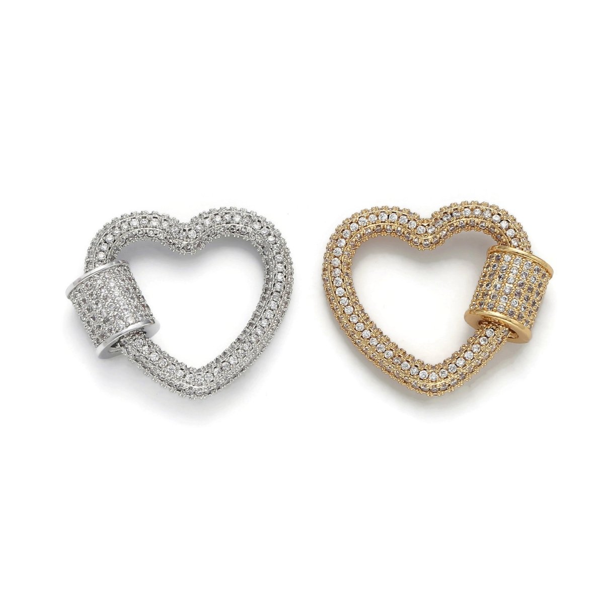 24K Gold-Plated Heart Carabiner, Full Pave Cubic Zirconia Rhinestones, Circle Screw Clasp, Gold and Silver K-126 - DLUXCA