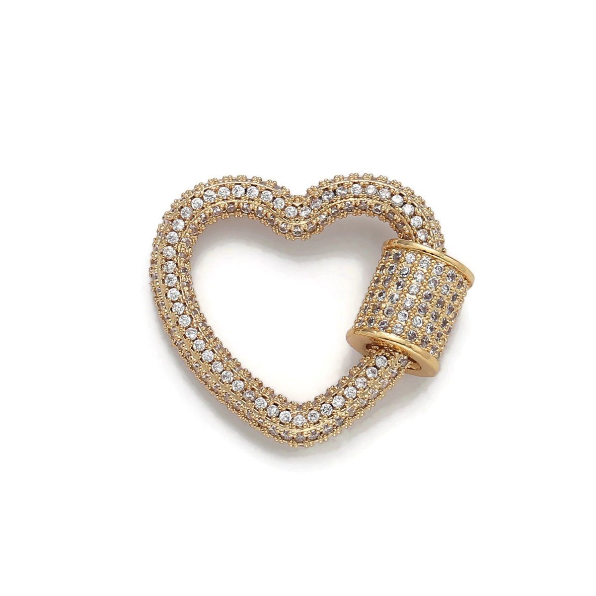 24K Gold-Plated Heart Carabiner, Full Pave Cubic Zirconia Rhinestones, Circle Screw Clasp, Gold and Silver K-126 - DLUXCA