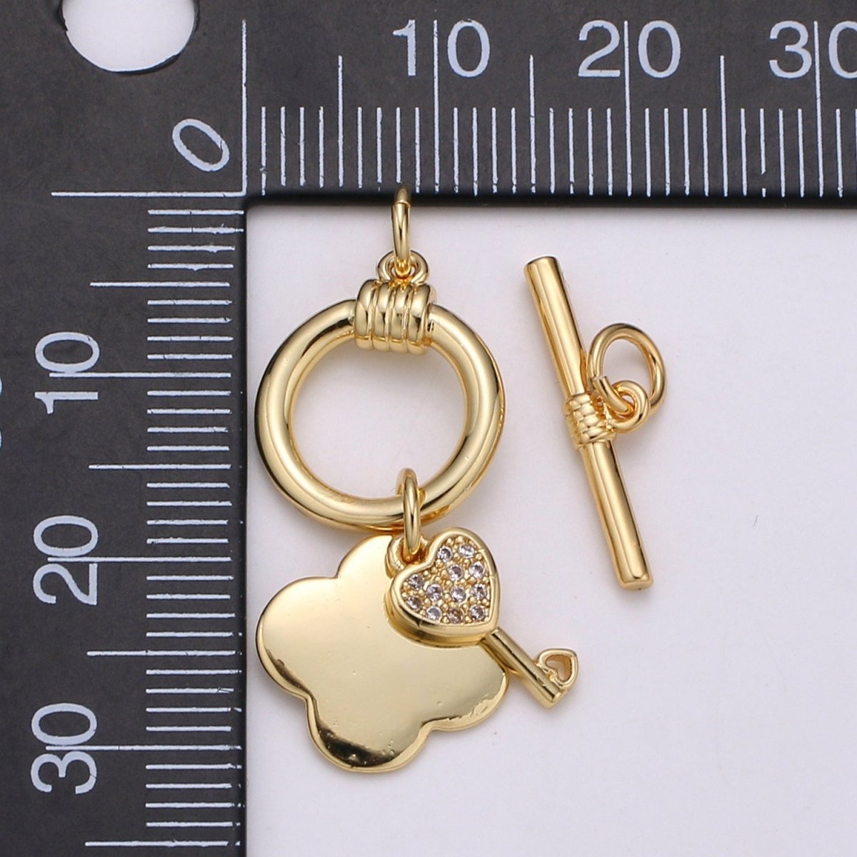 24K Gold Toggle Clasp with Love Key CZ Crystal and Shamrock Clover Toggle Clasp L-069 L-070 - DLUXCA