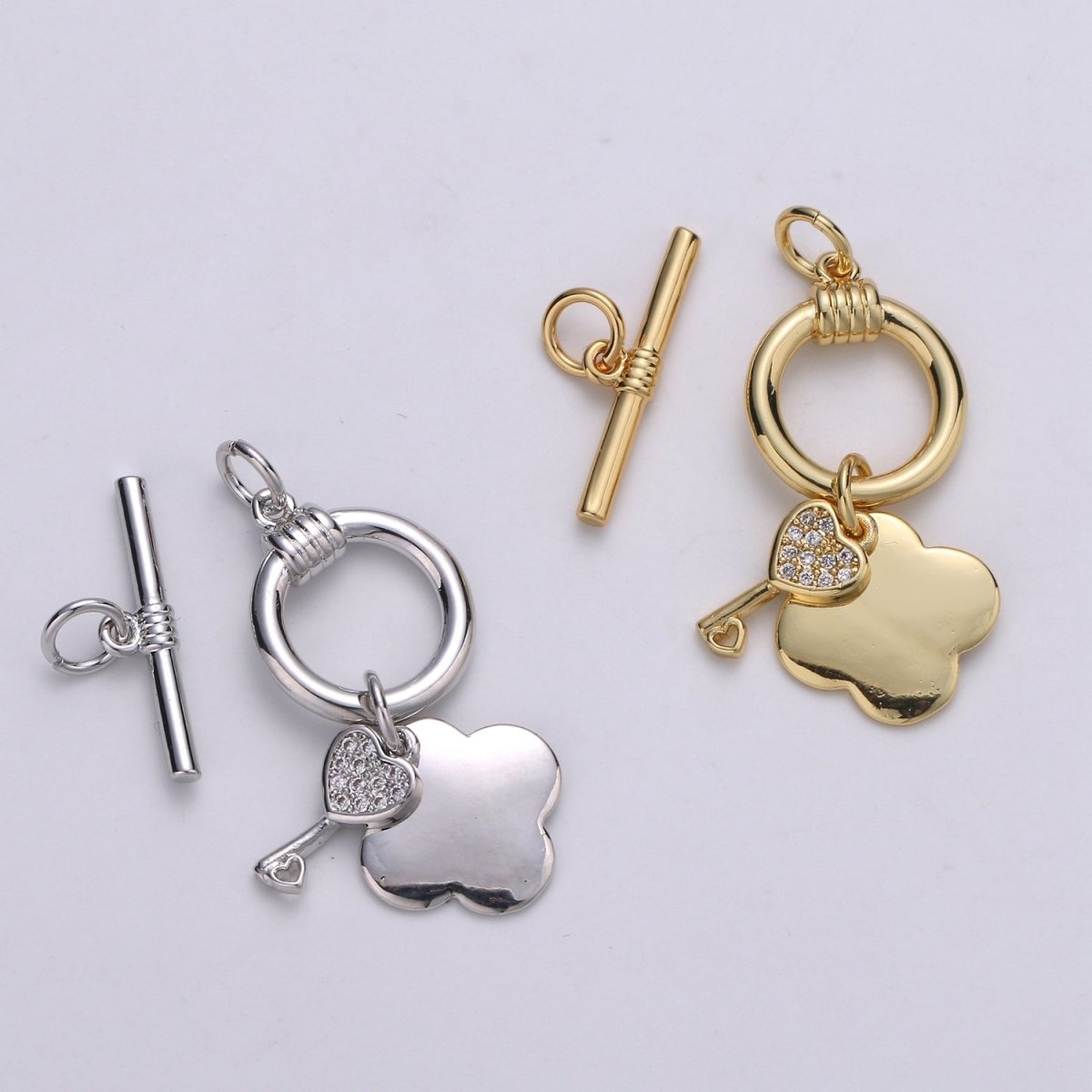 24K Gold Toggle Clasp with Love Key CZ Crystal and Shamrock Clover Toggle Clasp L-069 L-070 - DLUXCA