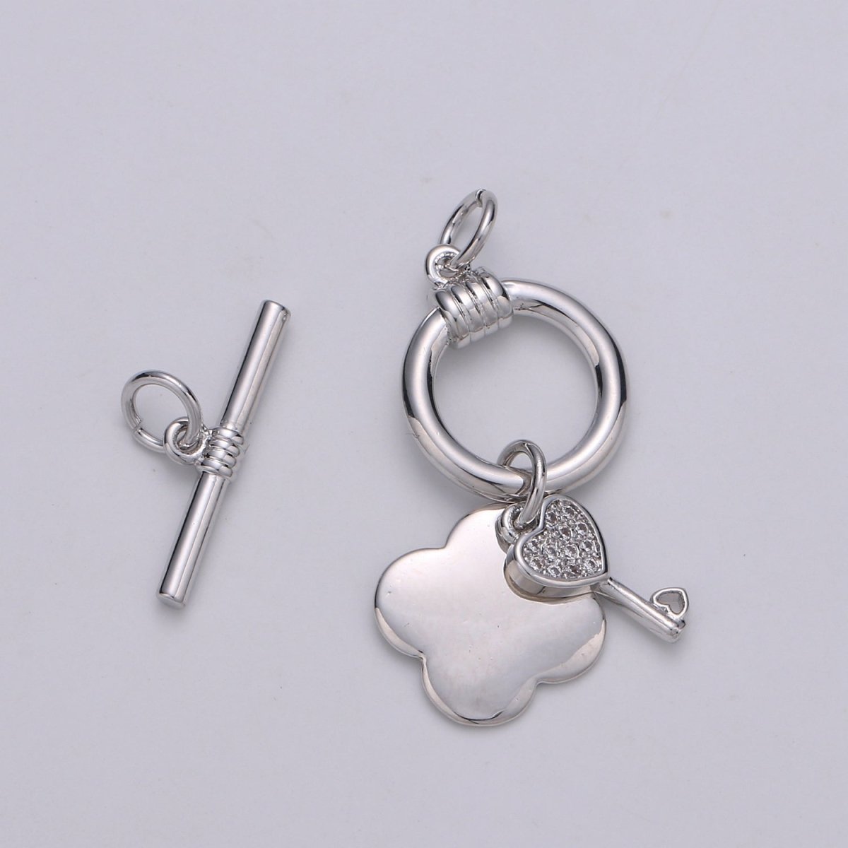 24K Gold Toggle Clasp with Love Key CZ Crystal and Shamrock Clover Toggle Clasp L-069 L-070 - DLUXCA