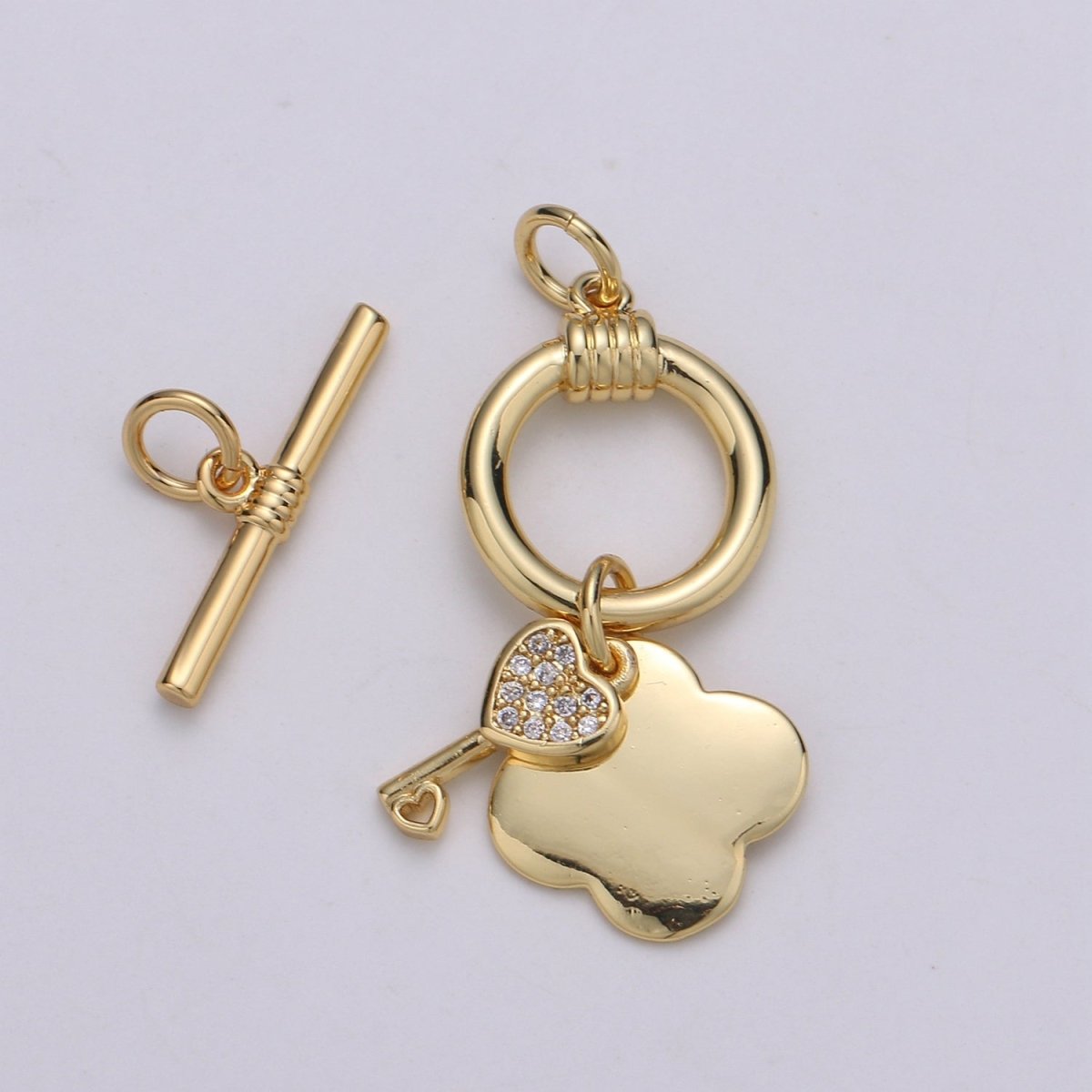 24K Gold Toggle Clasp with Love Key CZ Crystal and Shamrock Clover Toggle Clasp L-069 L-070 - DLUXCA