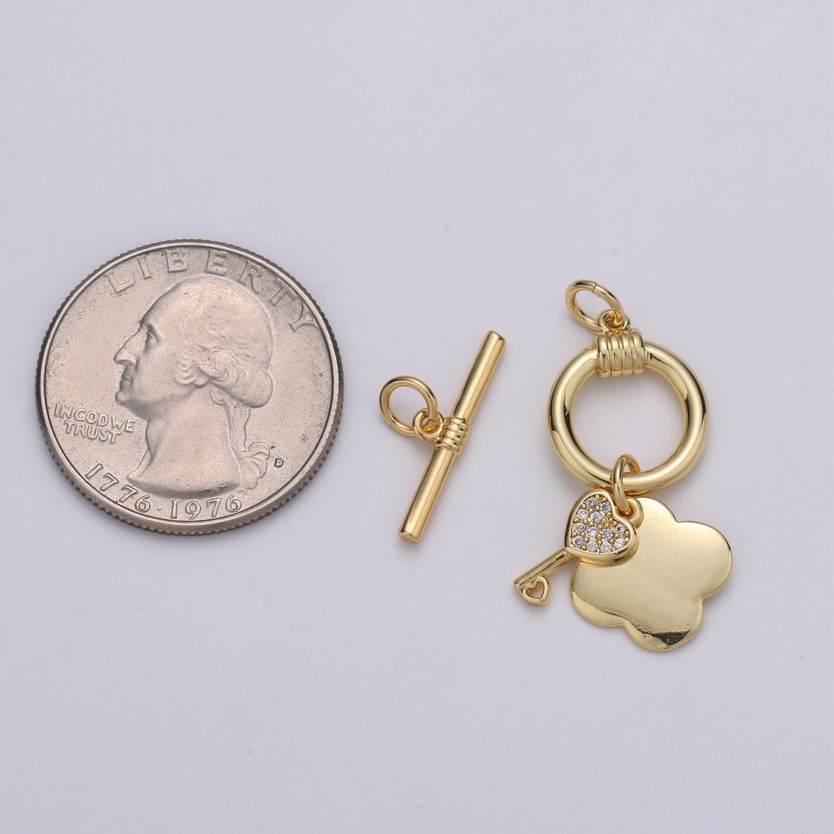 24K Gold Toggle Clasp with Love Key CZ Crystal and Shamrock Clover Toggle Clasp L-069 L-070 - DLUXCA