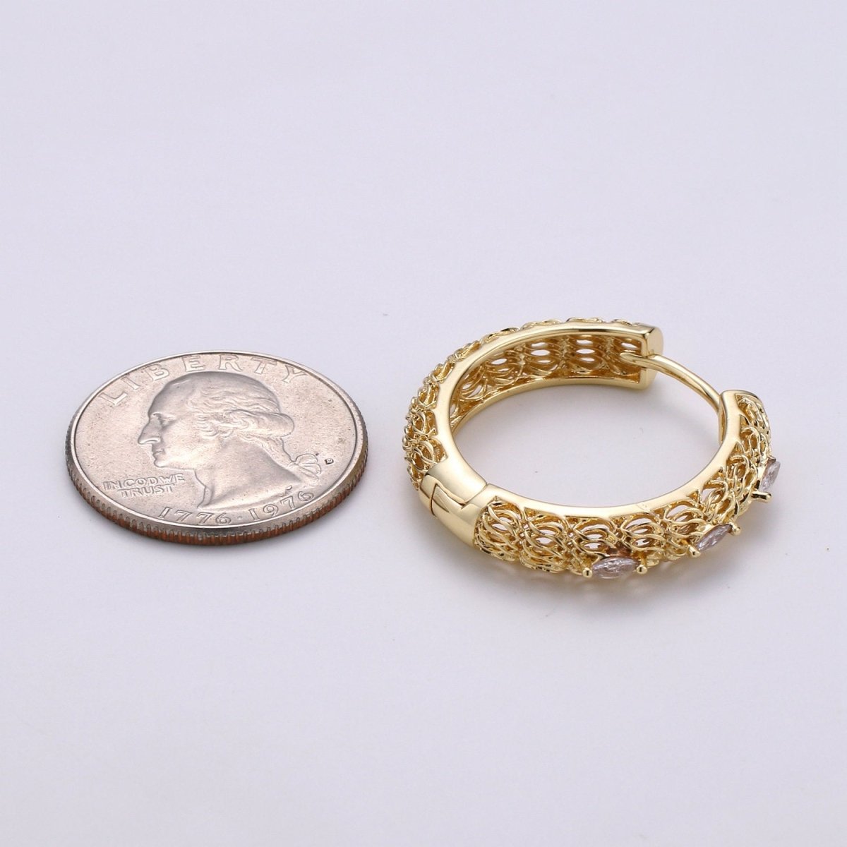 24k Vermeil Bold Earrings, Chunky Hoop Earring, Statement Earrings, Fancy CZ Earrings, Everyday Wear Earrings 30mm Earring Q-285 - DLUXCA