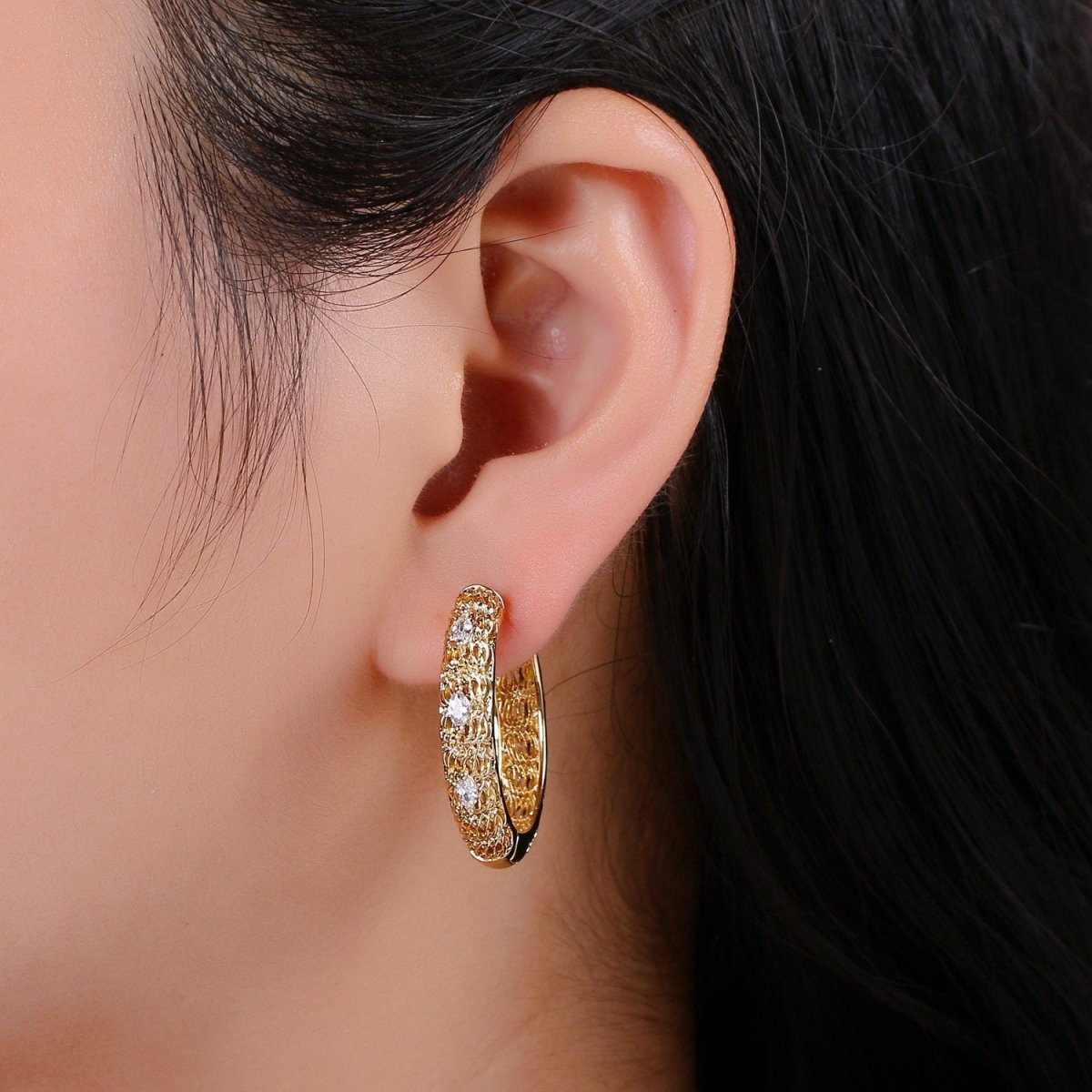 24k Vermeil Bold Earrings, Chunky Hoop Earring, Statement Earrings, Fancy CZ Earrings, Everyday Wear Earrings 30mm Earring Q-285 - DLUXCA