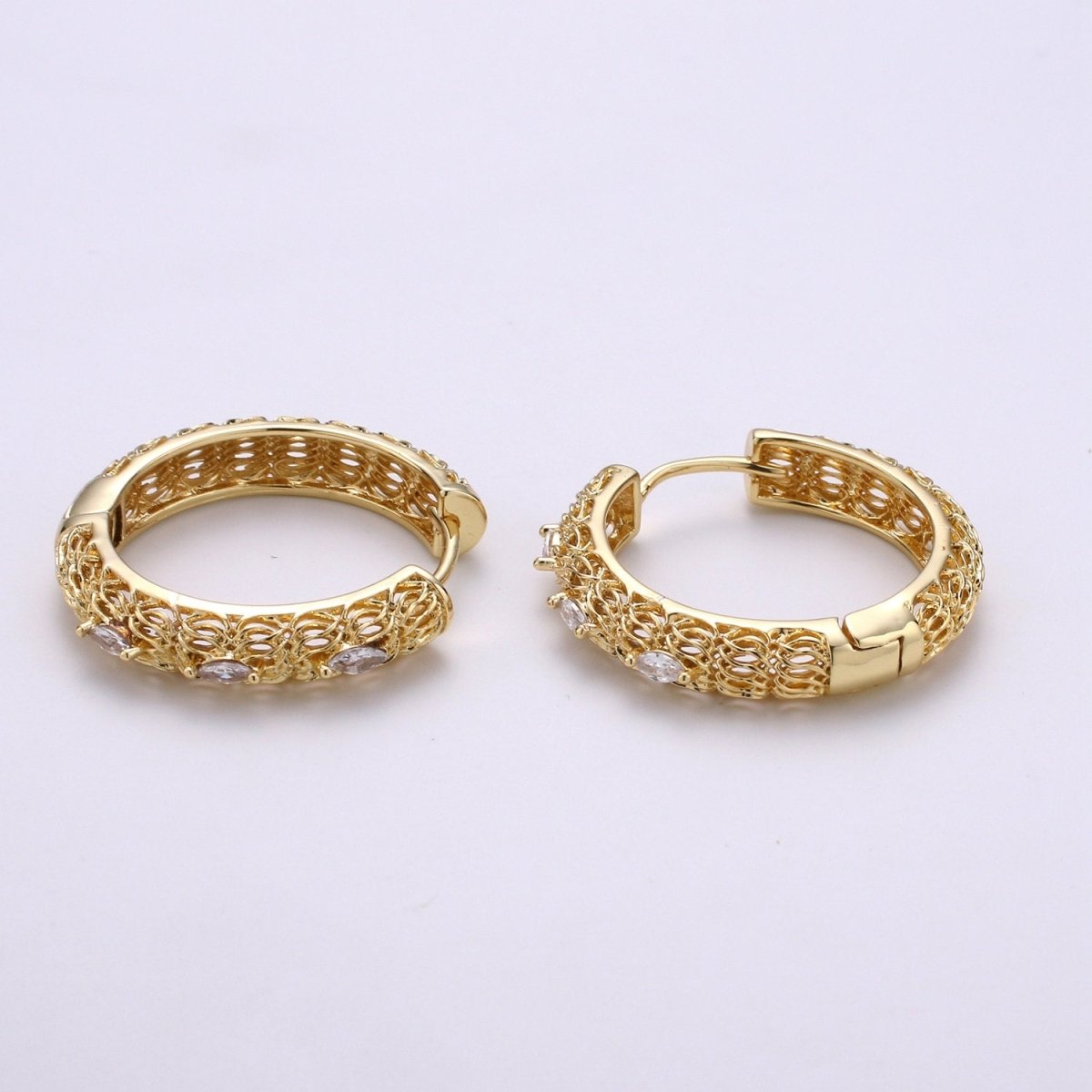 24k Vermeil Bold Earrings, Chunky Hoop Earring, Statement Earrings, Fancy CZ Earrings, Everyday Wear Earrings 30mm Earring Q-285 - DLUXCA