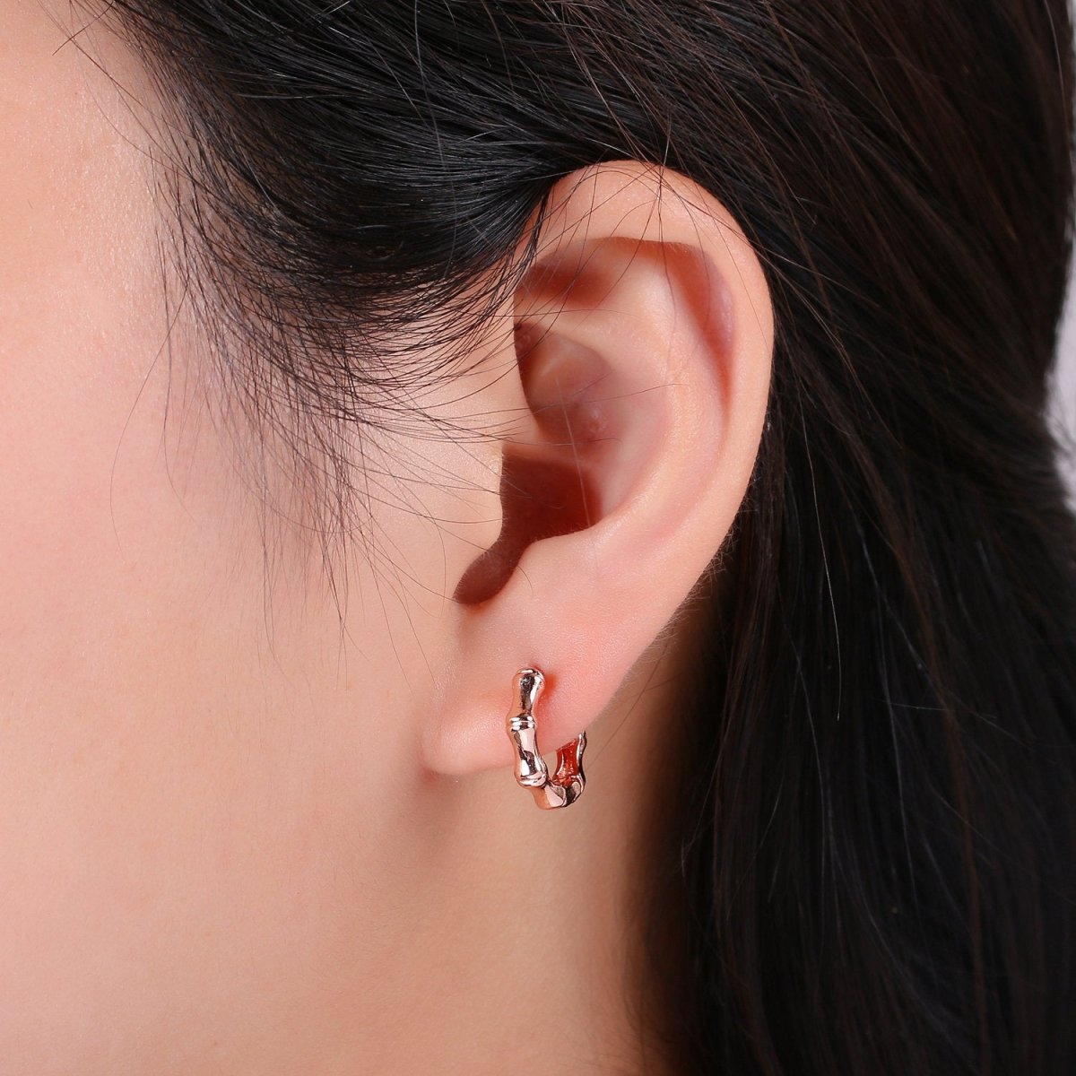 24k Vermeil Gold Earrings, Huggie Earring, Dainty Earrings, Tiny Bamboo Earrings, Everyday Wear Earrings, Rose gold Earring, 15mm Earring K-676 K-677 - DLUXCA
