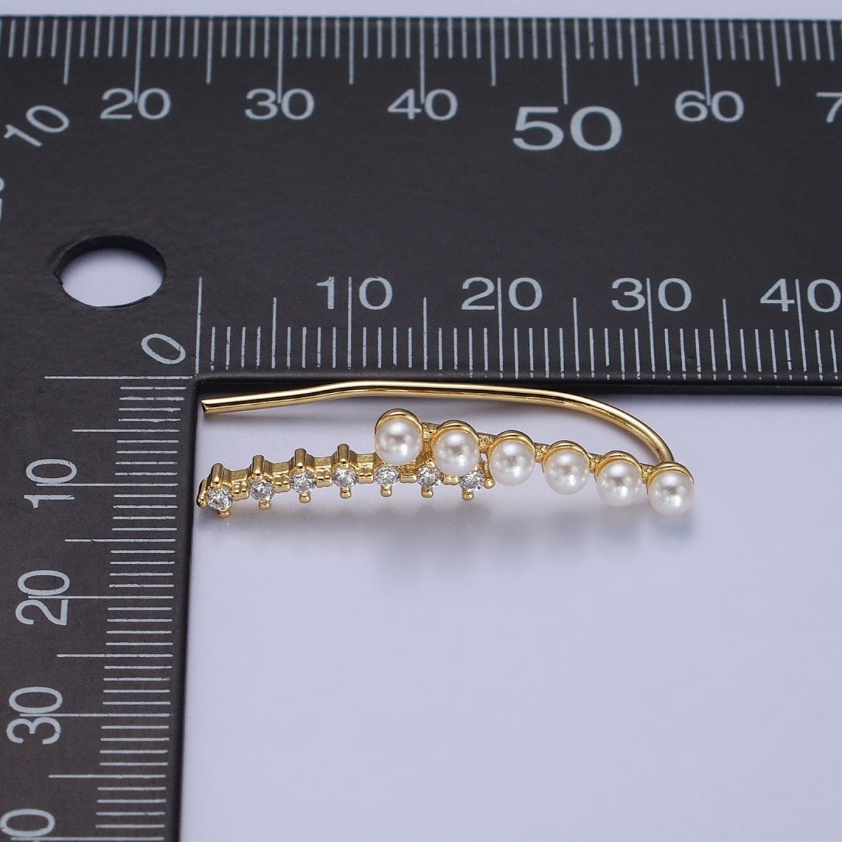 24KGold Filled Round White Pearl Clear CZ Curved Lined Earring Climber | AB384 - DLUXCA