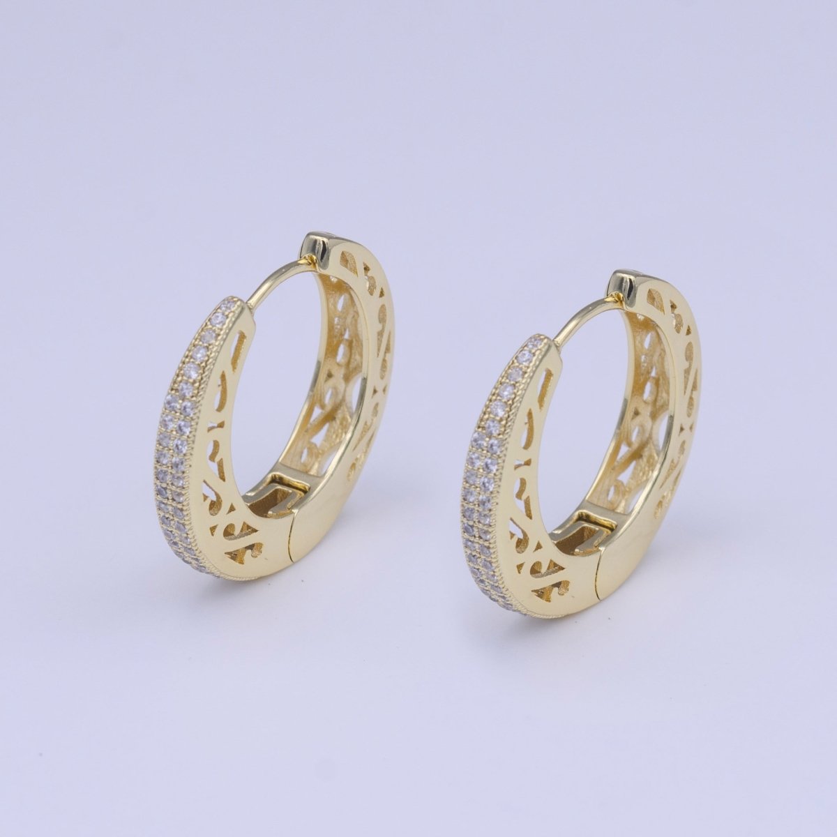 25mm Gold Micro Paved CZ Filigree Sided Gold Huggie Hoop Earrings | Y-213 - DLUXCA