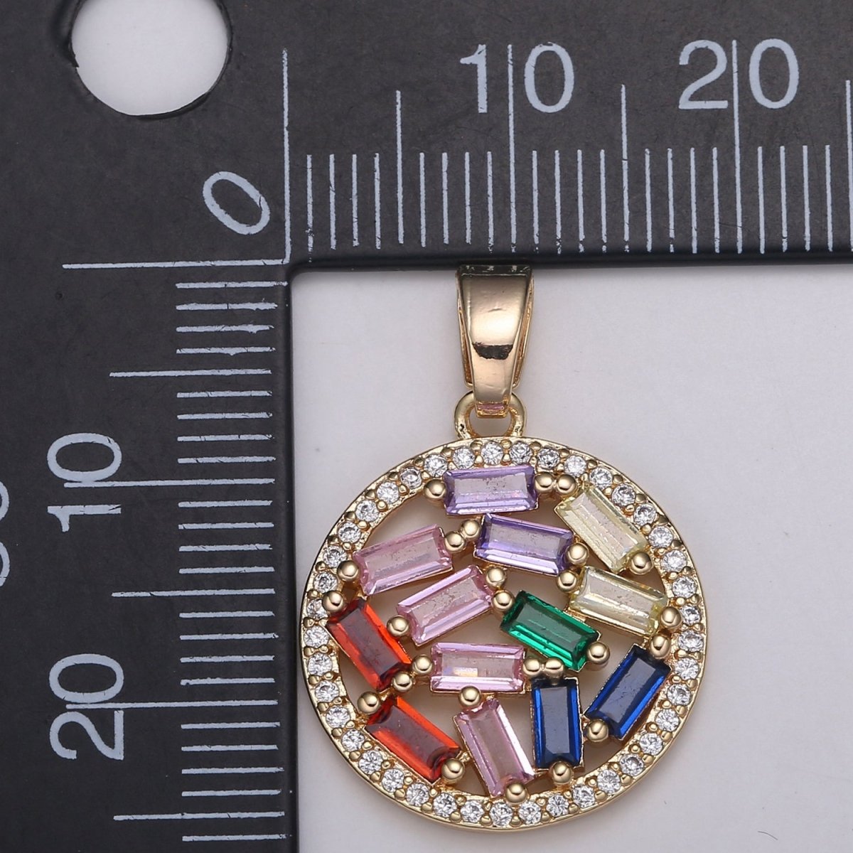 26X18mm 18K Rose Gold Round Charms, Multi Color Baguette CZ Pendant, Pave Cz Circle Charm for Minimalist Jewelry supply, J-285 - DLUXCA