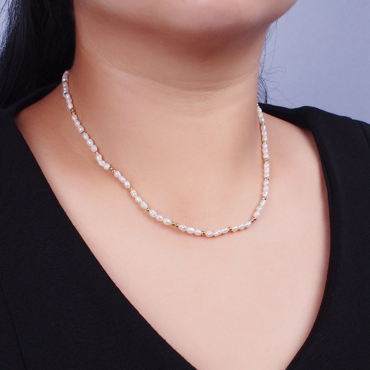 2.8mm White Freshwater Pearl Gold Filled Spacer Bead 15.5 Inch Choker Necklace | WA-1422 Clearance Pricing - DLUXCA