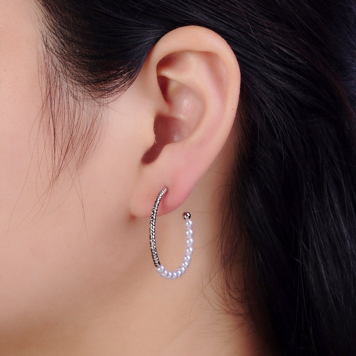 29.5mm Pearl Half Textured C-Shaped Hoop Earrings in Gold & Silver | AB140 AB141 - DLUXCA