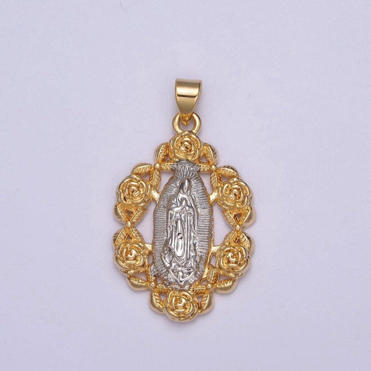 2Tone Gold Virgin Mary Our Lady Of Guadalupe Divine Mercy Rose Flower Medallion Pendant for Necklace Making Supply H-822 - DLUXCA