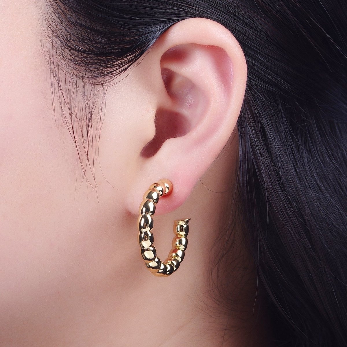 30.5mm Gold Beaded Stud Hoops Earrings T-022 - DLUXCA