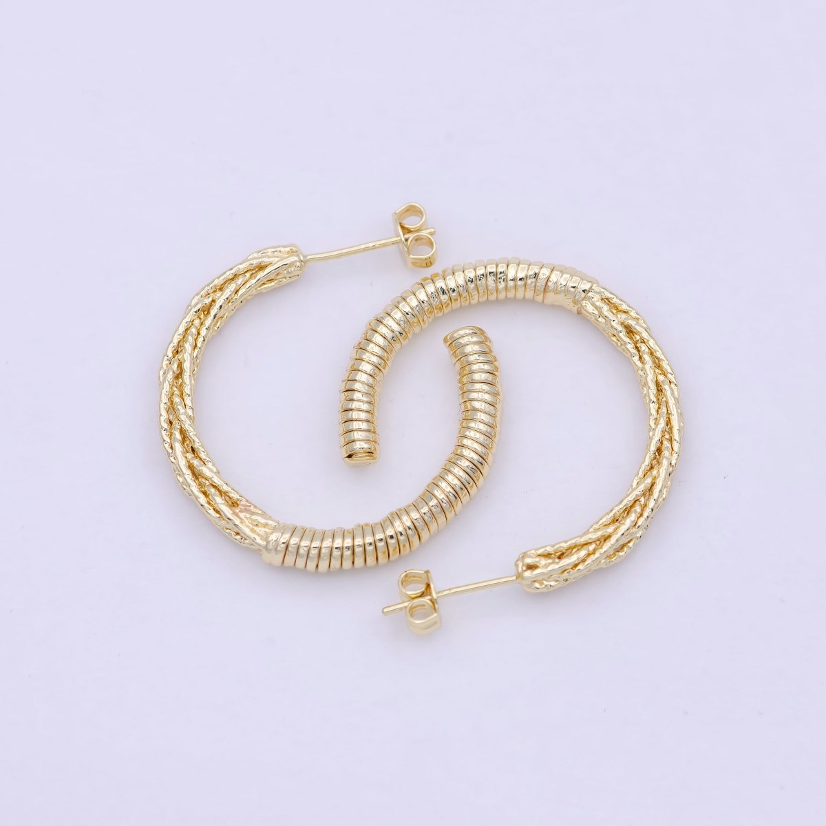30mm Geometric Half Twisted Beaded Textured C-Shaped Hoop Earrings | Q-421 - DLUXCA