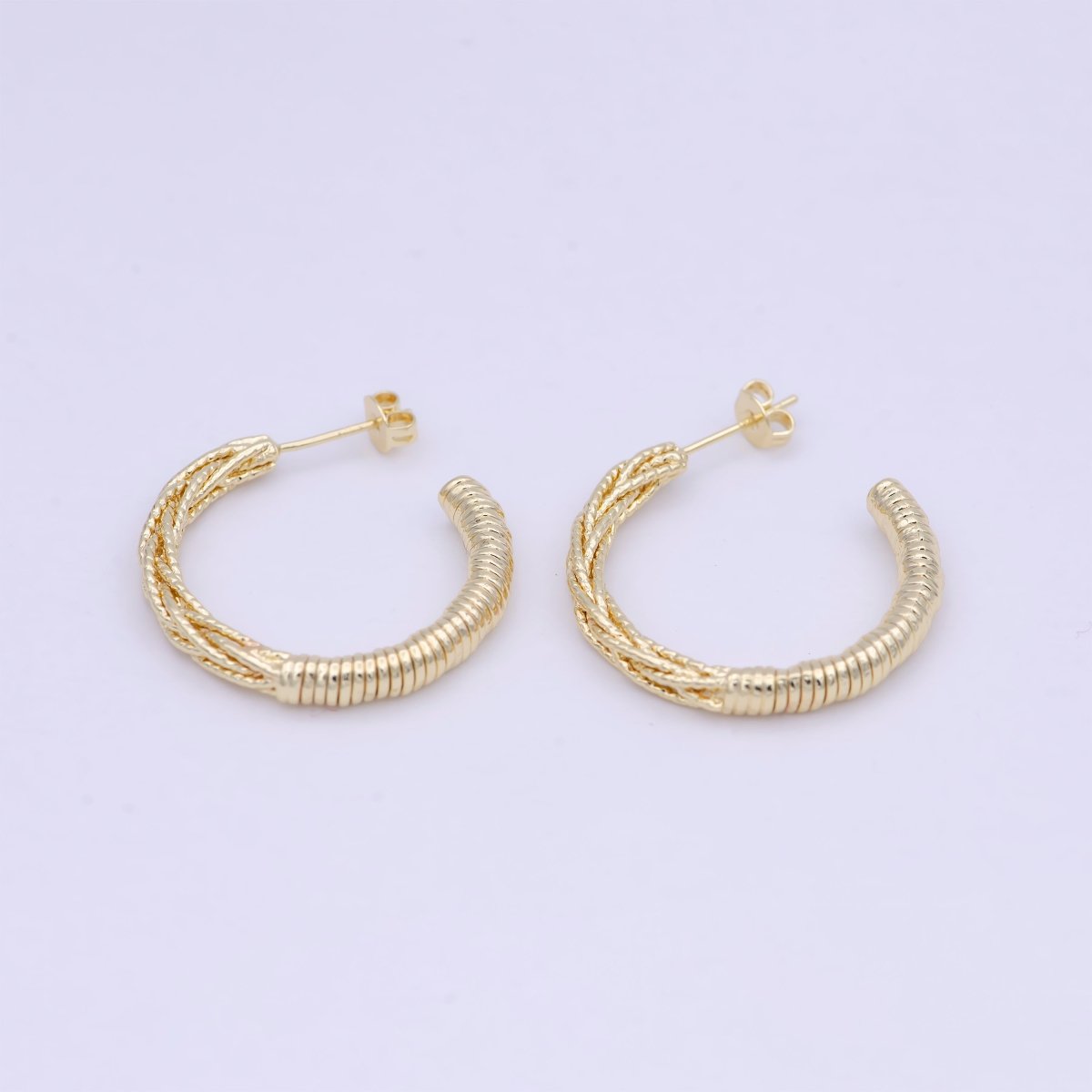30mm Geometric Half Twisted Beaded Textured C-Shaped Hoop Earrings | Q-421 - DLUXCA