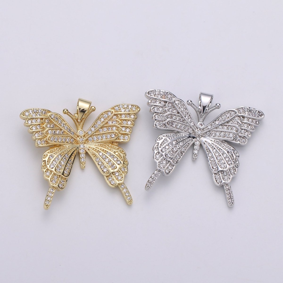 32x27mm Wholesale Gold-Filled Gold or Silver Butterfly Pendant Charm with Rhinestones, Pendant for Necklace Bracelet Anklet Making, Butterfly Zirconia Pendant J-148, J-149 - DLUXCA