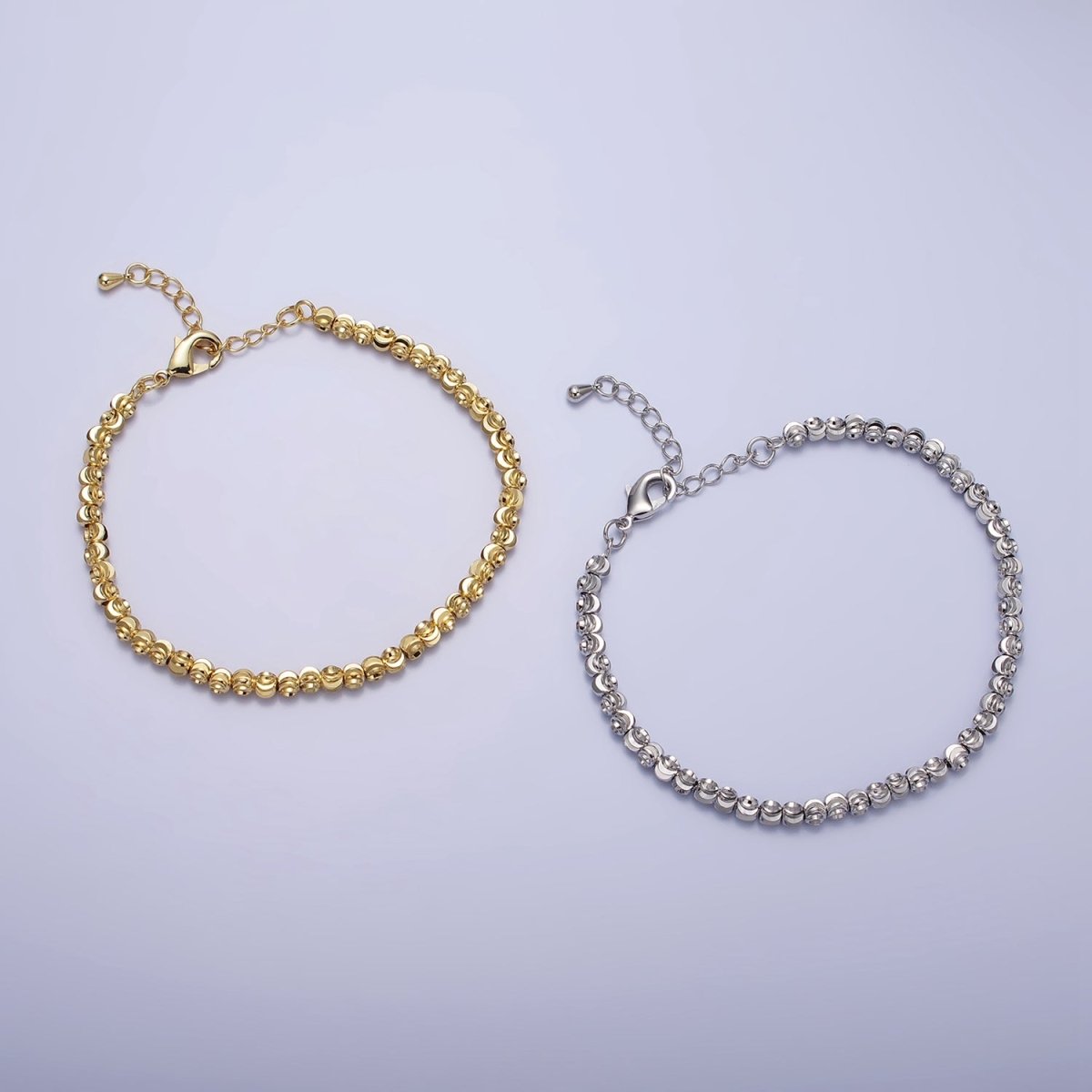 3.5mm, 2.5mm Sparkling Moon Cut Ball Beaded Ball Bracelet 7 Inch Chain Bracelet in Gold & Silver | WA-1576 - WA-1579 Clearance Pricing - DLUXCA