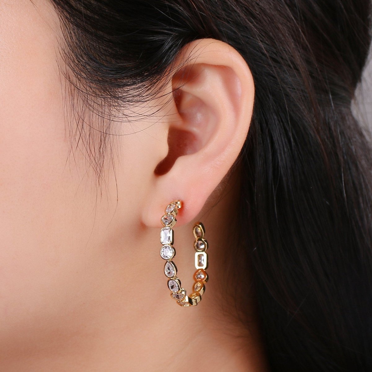 35mm Gold Big Hoop Earring with Geometric CZ Bezel Set K-569 - DLUXCA