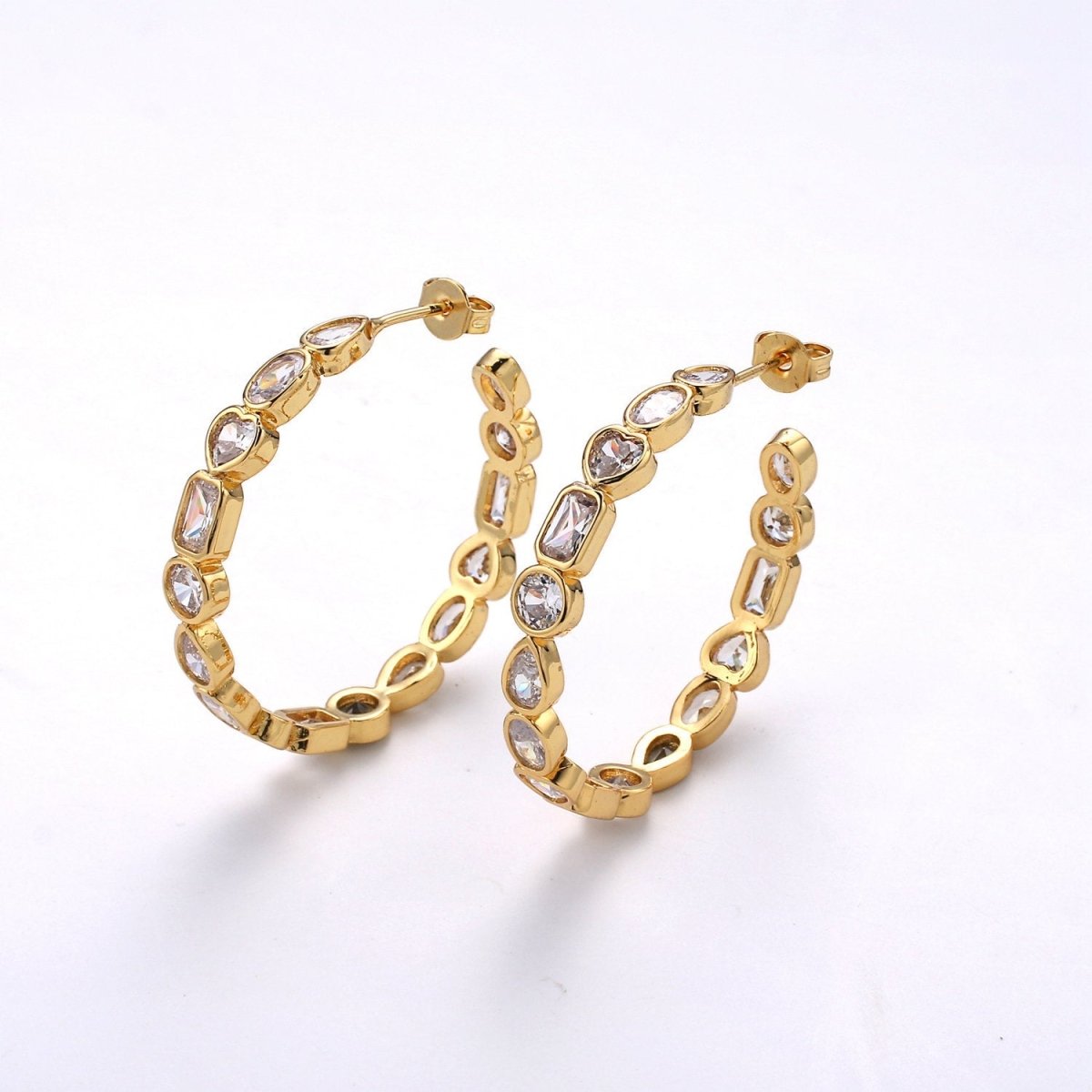 35mm Gold Big Hoop Earring with Geometric CZ Bezel Set K-569 - DLUXCA