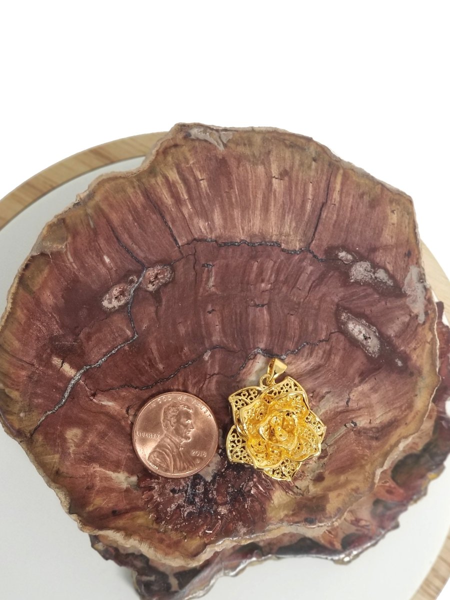3D Rose Charm Flower Pendant in 24k Gold Filled Jewelry Supplies Filigree Rose Pendant H-838 - DLUXCA