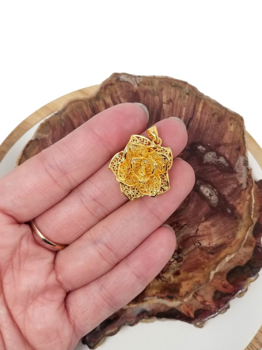 3D Rose Charm Flower Pendant in 24k Gold Filled Jewelry Supplies Filigree Rose Pendant H-838 - DLUXCA