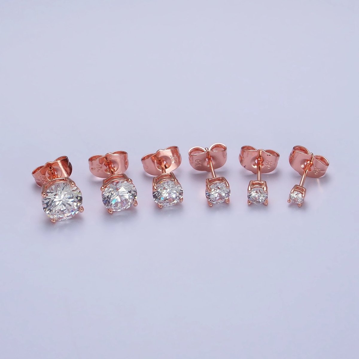 3mm, 4mm, 5mm, 6mm, 7mm, 8mm Clear Round CZ Rose Gold Stud Earrings | AB097 - AB102 - DLUXCA