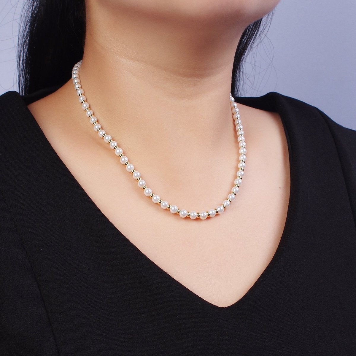 3mm, 4mm, 5mm, 6mm Round White Shell Pearl Beaded Spacer 16 Inch Gold Filled Choker Necklace | WA-1277 - WA-1280 Clearance Pricing - DLUXCA