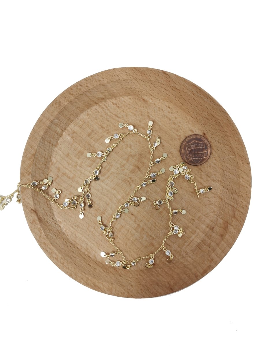 3mm Thick Micro Pave Circle, 16K Gold Rolo CABLE Chain by Yard, CZ Round Disc Charm Chain, CZ Charm size 6x3mm Disc 4x3mm, DESIGNED Chain | ROLL-008 Clearance Pricing - DLUXCA