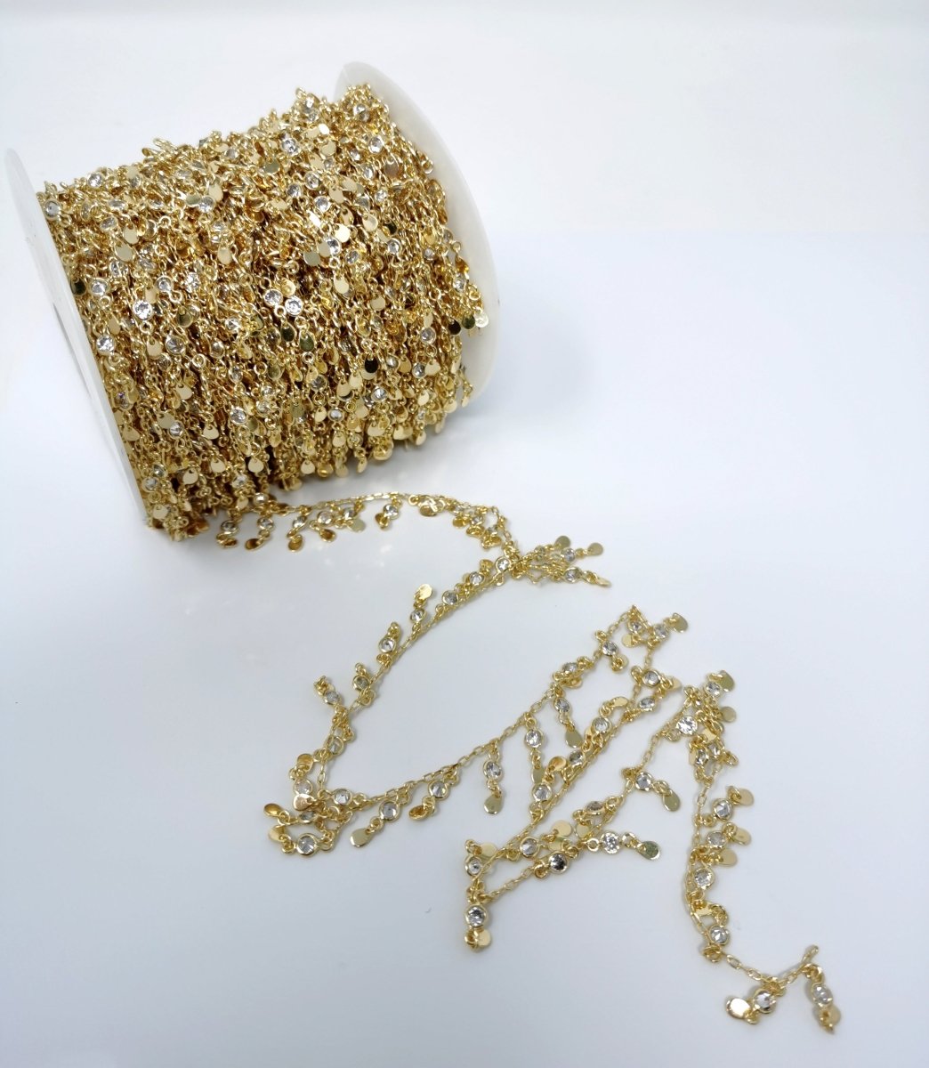 3mm Thick Micro Pave Circle, 16K Gold Rolo CABLE Chain by Yard, CZ Round Disc Charm Chain, CZ Charm size 6x3mm Disc 4x3mm, DESIGNED Chain | ROLL-008 Clearance Pricing - DLUXCA