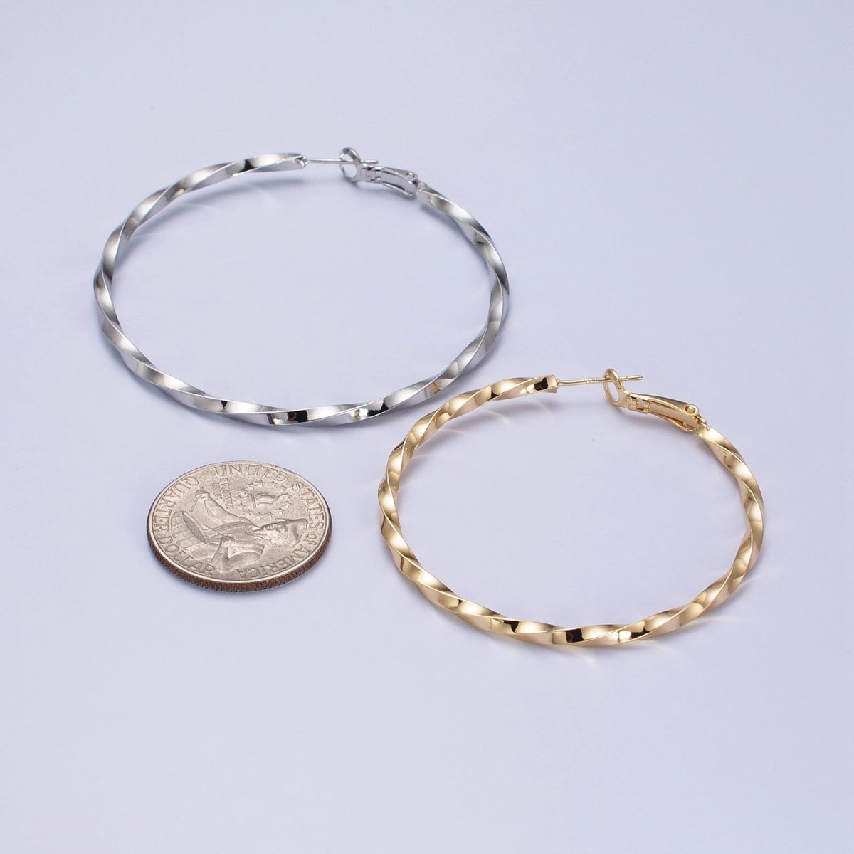 60mm, 50mm Gold Filled Twist Geometric Hoop Hinge Latch Earrings in Gold & Silver | AB-499 - AB-502 - DLUXCA