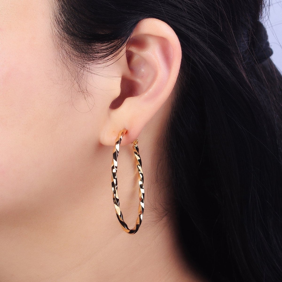 60mm, 50mm Gold Filled Twist Geometric Hoop Hinge Latch Earrings in Gold & Silver | AB-499 - AB-502 - DLUXCA