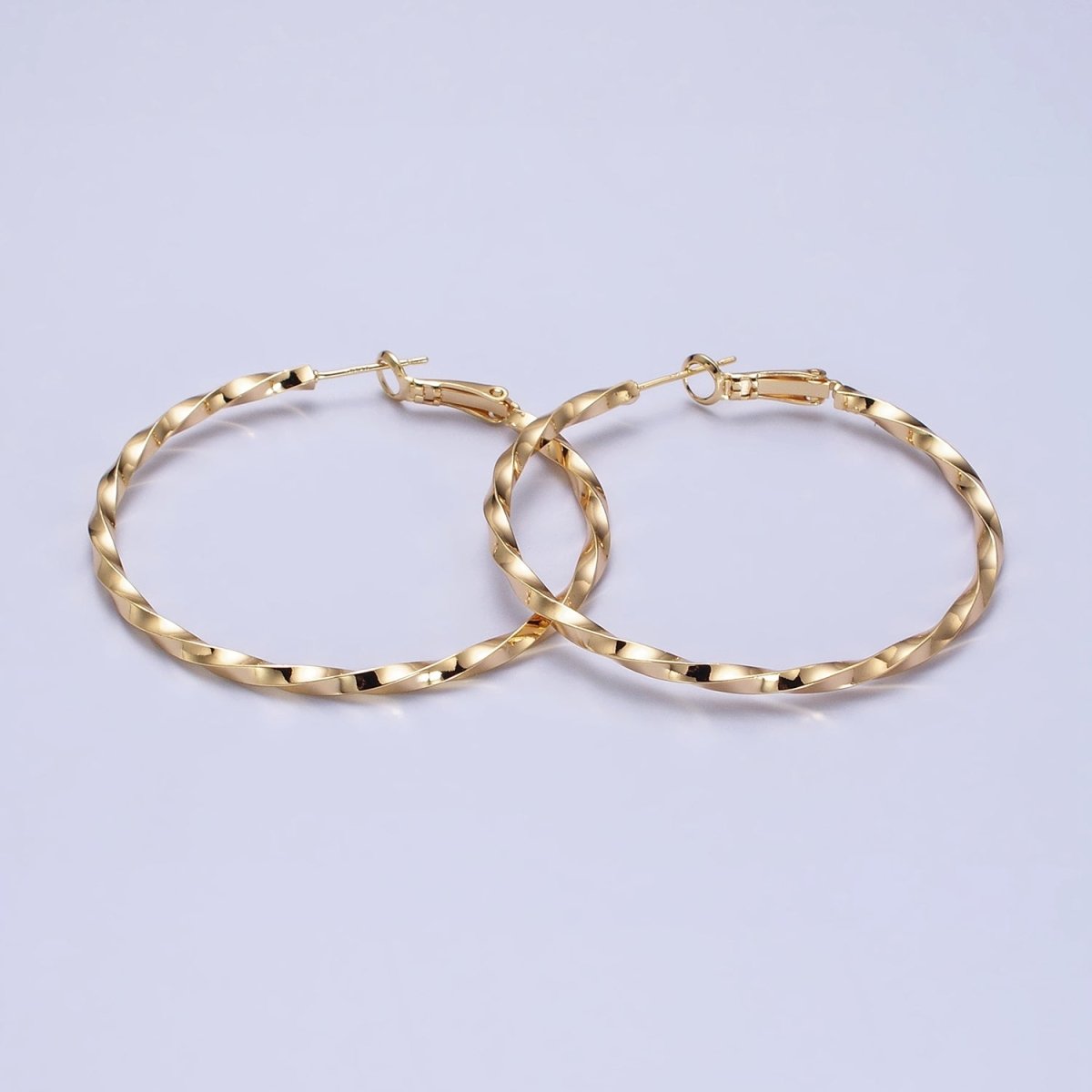 60mm, 50mm Gold Filled Twist Geometric Hoop Hinge Latch Earrings in Gold & Silver | AB-499 - AB-502 - DLUXCA