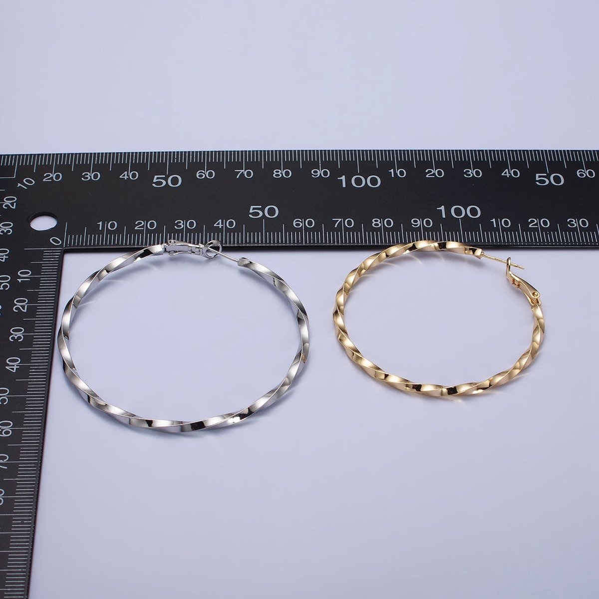 60mm, 50mm Gold Filled Twist Geometric Hoop Hinge Latch Earrings in Gold & Silver | AB-499 - AB-502 - DLUXCA