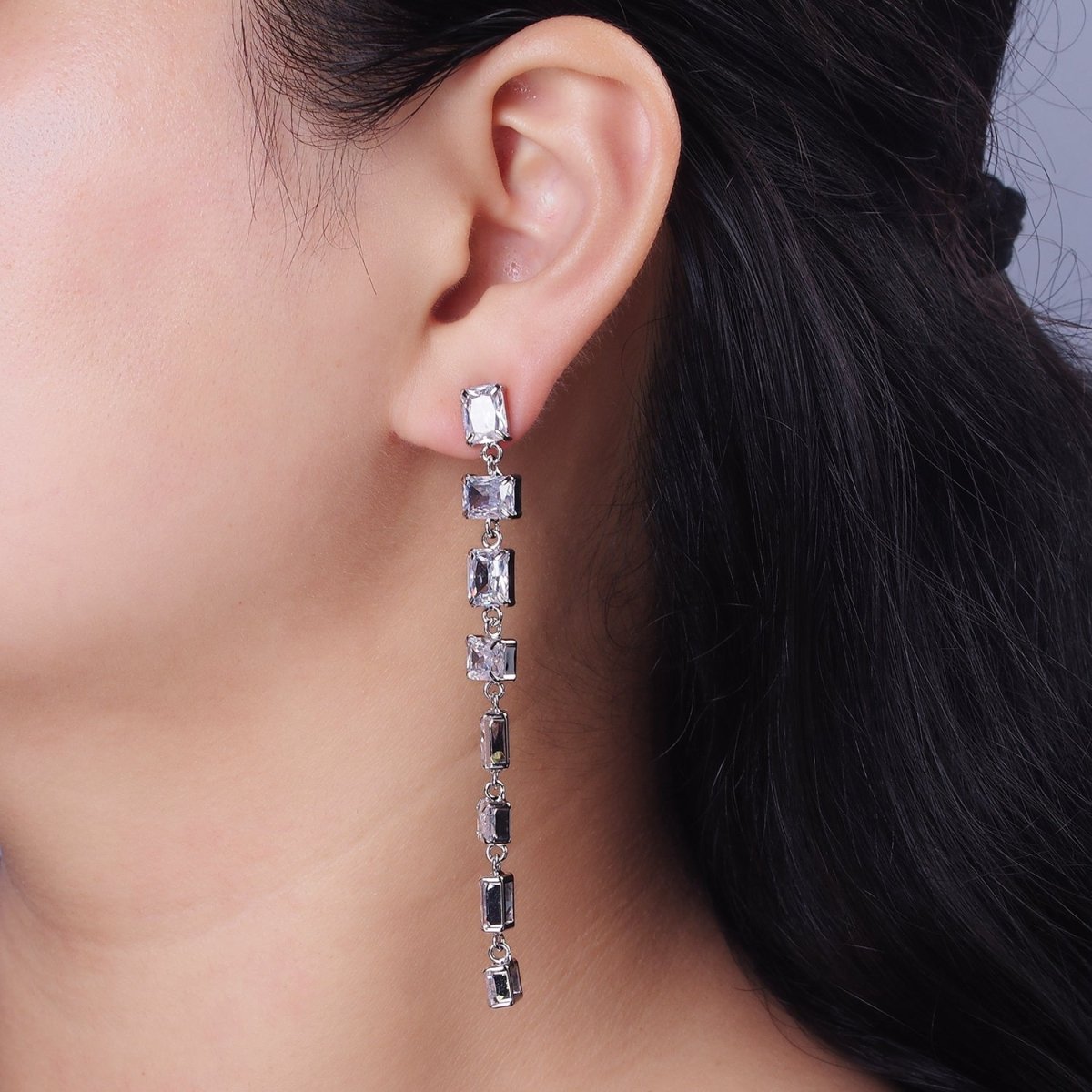 85mm Clear Baguette CZ Linear Drop Stud Earrings in Gold & Silver | AE281 AE282 - DLUXCA