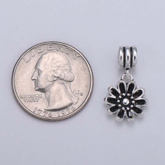 925 Sterling Silver Black Flower Charm, Antique Silver Flower Charm Daisy Flower Charm for Necklace Bracelet Earring, Floral Charm, SL-HJ-77 - DLUXCA