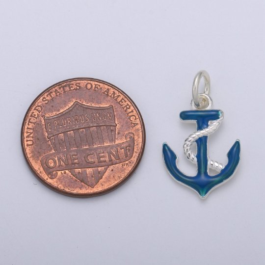 925 Sterling Silver Blue Anchor Charm, Sailor Charm Silver Anchor and Rope Charm for Necklace Bracelet Earring, Blue Sailor Charm SL-046 - DLUXCA