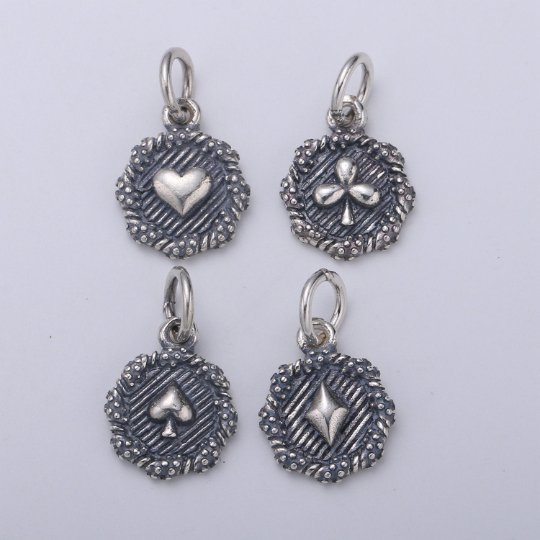 925 Sterling Silver Card Suits Charm, Heart Charm Silver Clover Charm for Necklace Bracelet Earring, Spades Charm,Diamond Charm,SL-HJ-99-102 - DLUXCA
