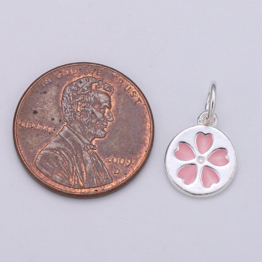 925 Sterling Silver Clover Charm, Round Disc Charm Pink Heart Charm for Necklace Bracelet Earring, Love Heart Charm, SL-HJ-40 - DLUXCA