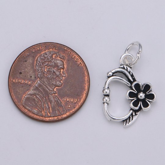 925 Sterling Silver Flower Bangle Charm, Floral Charm Silver Black Flower Charm for Necklace Bracelet Earring, Cute Flower Charm, SL-085 - DLUXCA