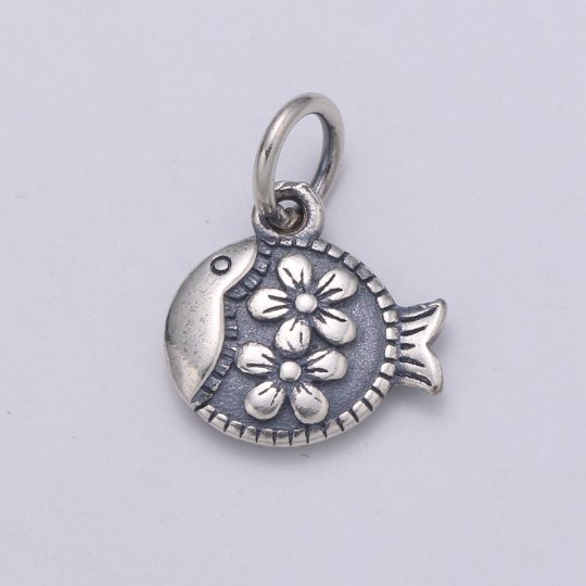 925 Sterling Silver Flower FIsh Charm, Animal Charm Silver Flower Charm for Necklace Bracelet Earring, Floral Charm SL-173 - DLUXCA